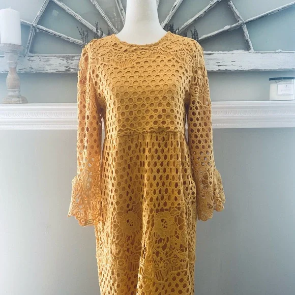 Orange Creek Mustard Lace Midi Dress Size Small - Picture 8 of 16